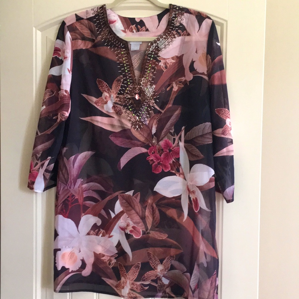 NWT Chico’s embellished tunic/swim cover. Beautiful colors. Sz 1 (8/10)